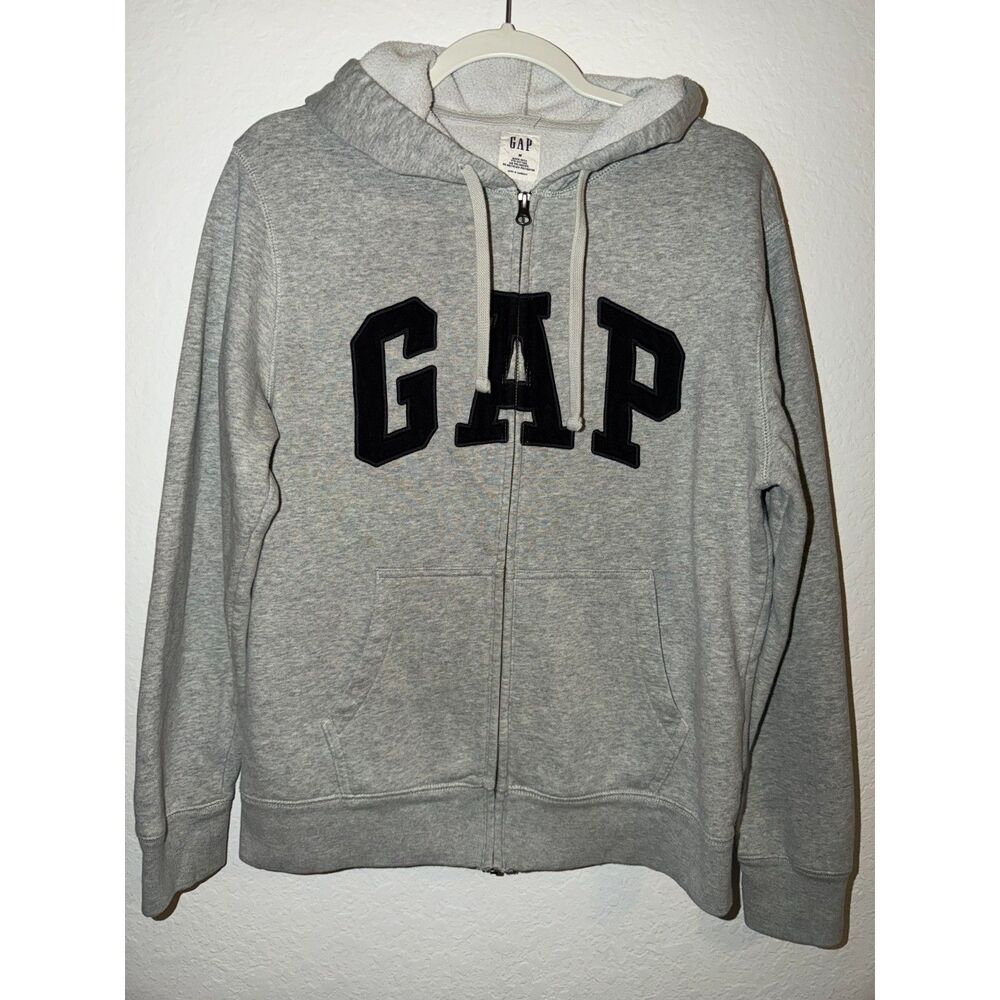 GAP Men’s Full Zip Hoodie Size M Gray Logo Arch Letter Fleece Lined Sweatshirt